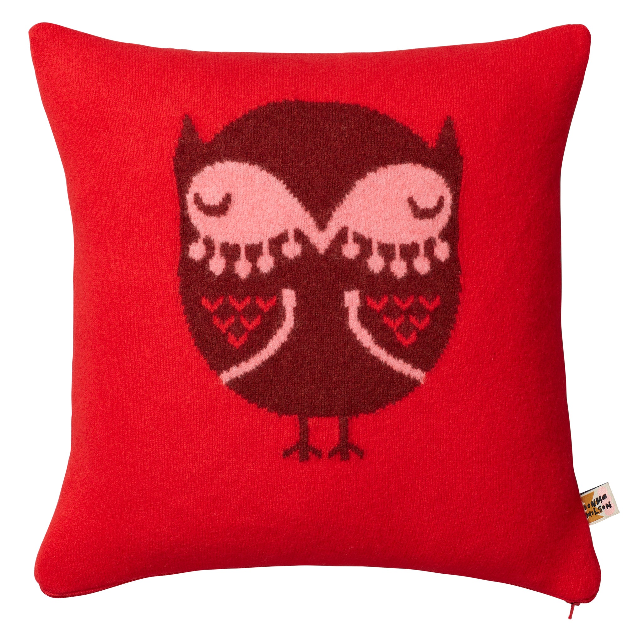 Red Lambswool Owl Square Cushion