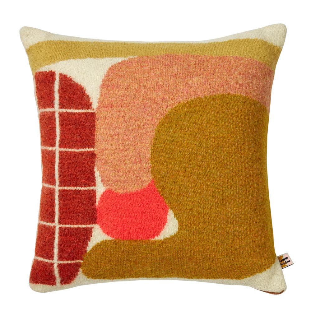 Harvest Red Pink Mustard Lambswool Huddle Square Cushion