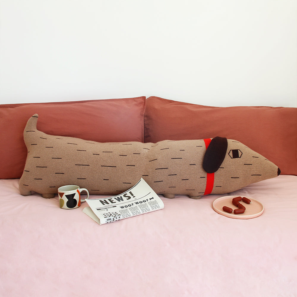 Brown Red Lambswool Sausage Dog Bolster Cushion