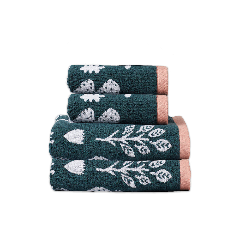 Green Pink Cotton Forest Hand & Bath Towel Set